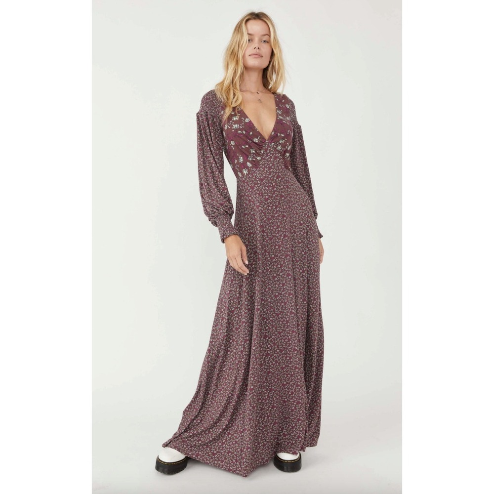 Free People Love Story Maxi Dress Raisin Combo Floral Mixed Print Small